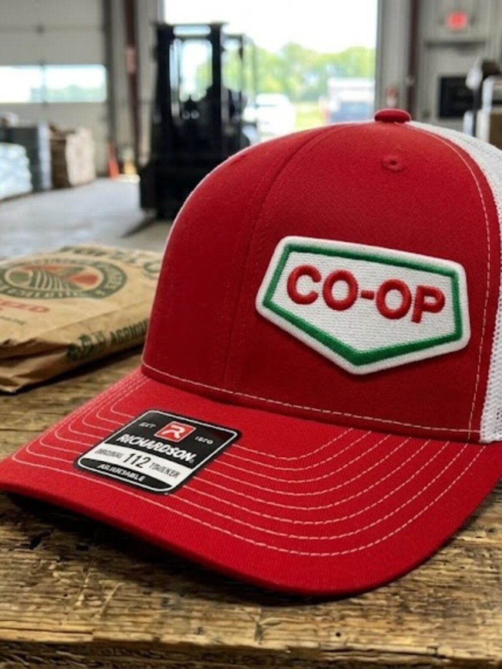 Vintage-Inspired Co-op Farm Hat Shield Patch Sewn Richardson 112 Red White Cap